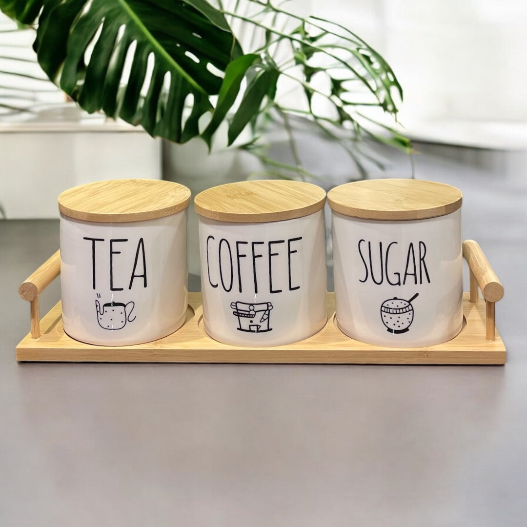 Tea Coffee Sugar White Illustrated Jars with Tray