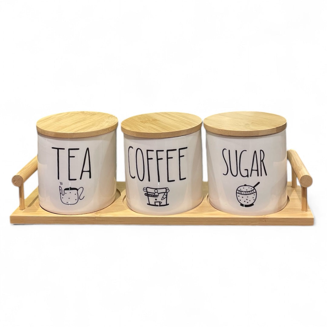 Tea Coffee Sugar White Illustrated Jars with Tray