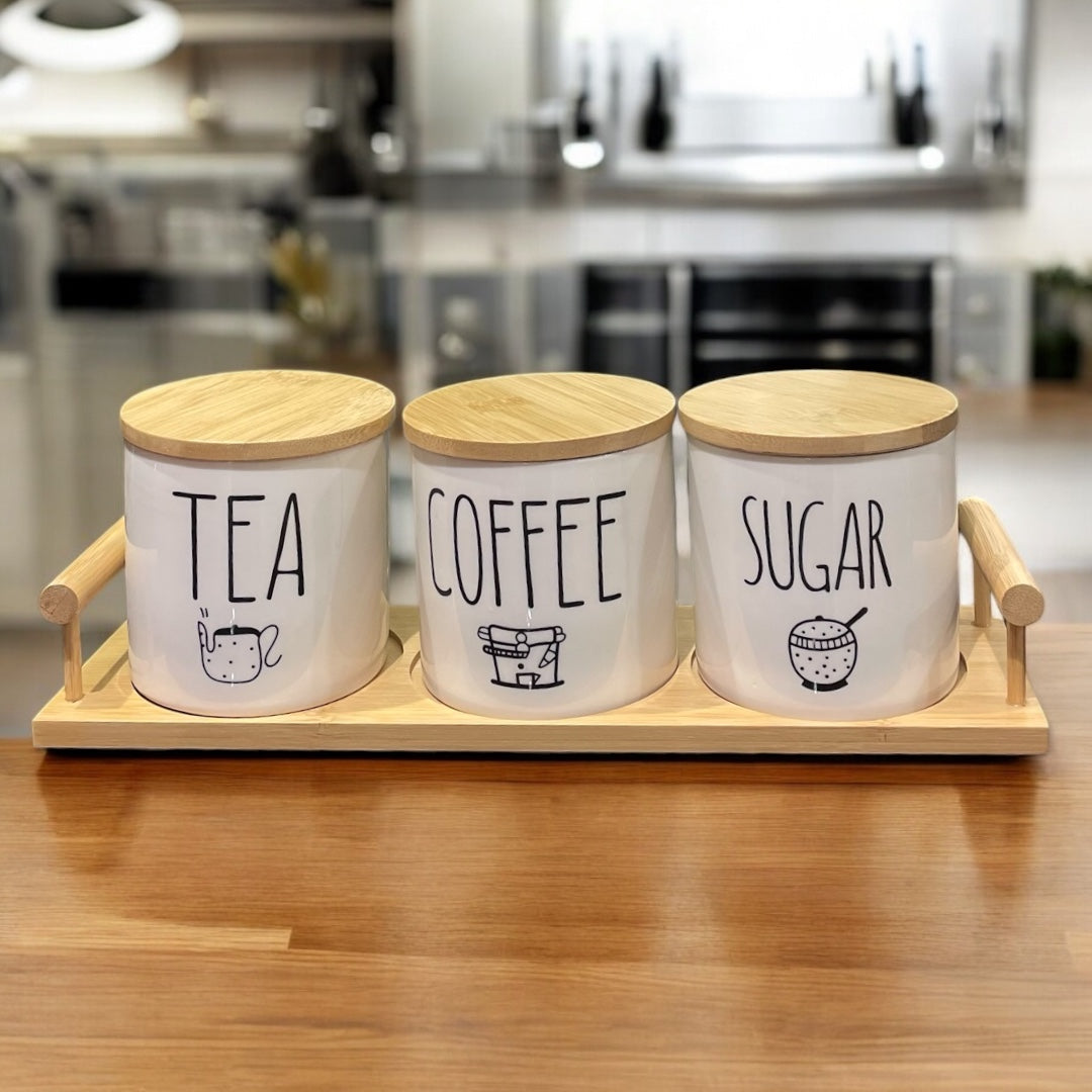 Tea Coffee Sugar White Illustrated Jars with Tray